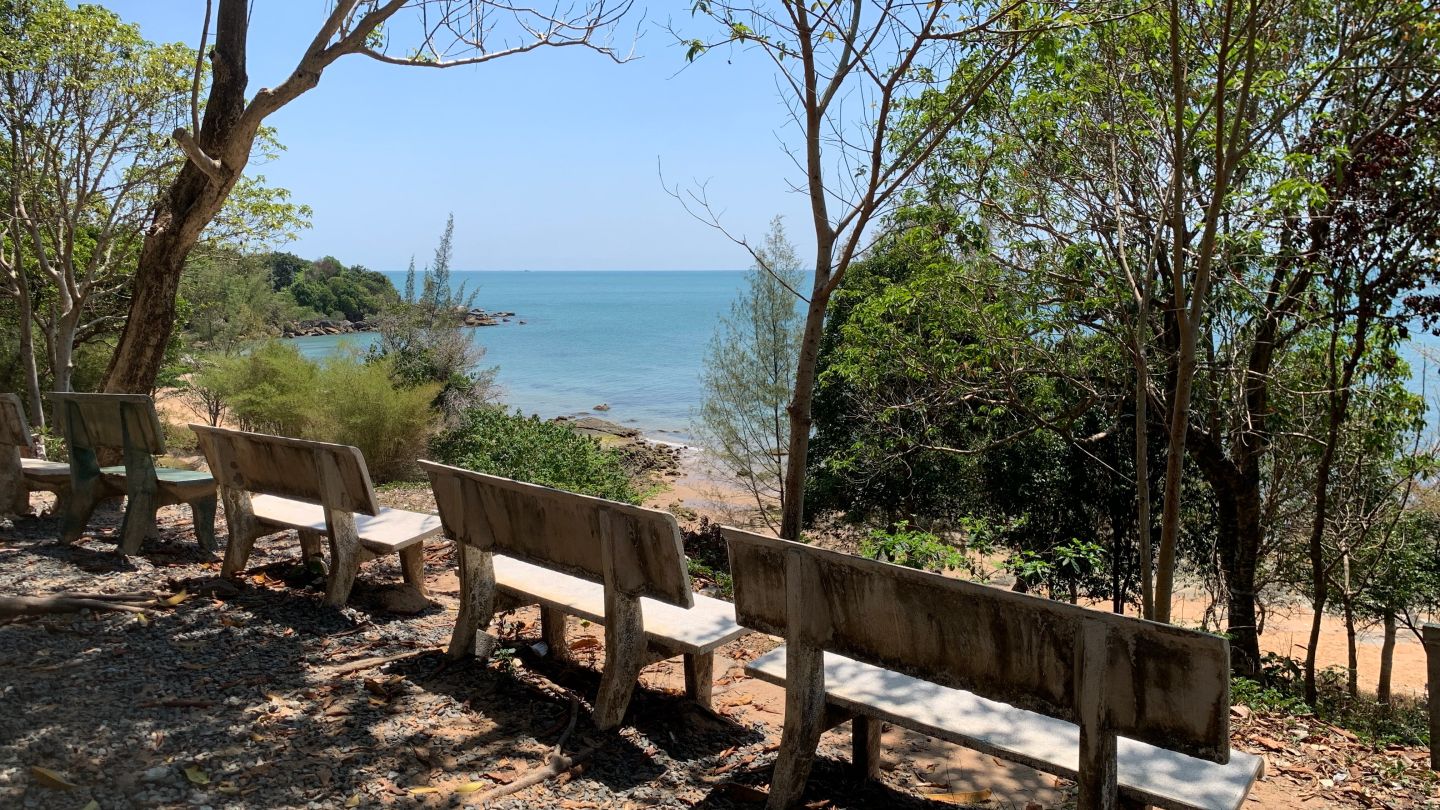 Line of concrete chairs for taking rest and chilling