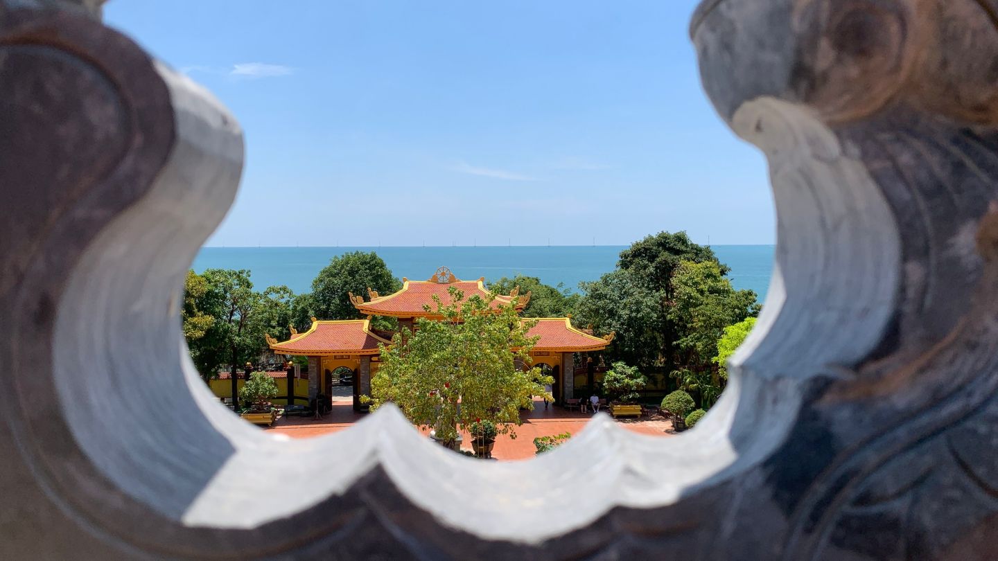 The View with main gate and ocean at Phu Quoc Pagoda