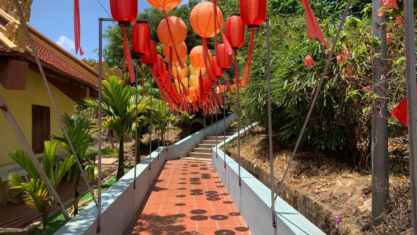 Street decorated with lantern inside Phu Quoc Pagoda